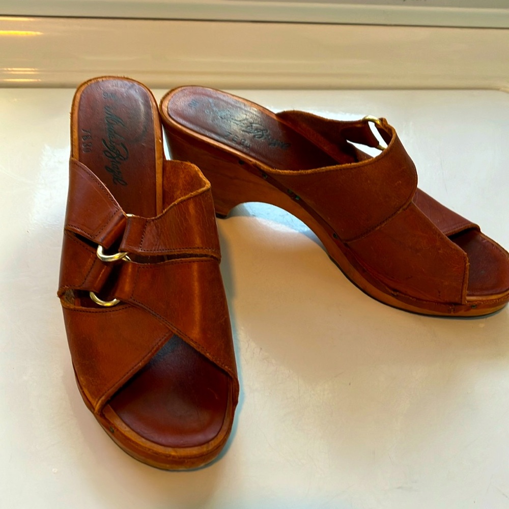 Leather Slip-On Wedge Mules in Brown